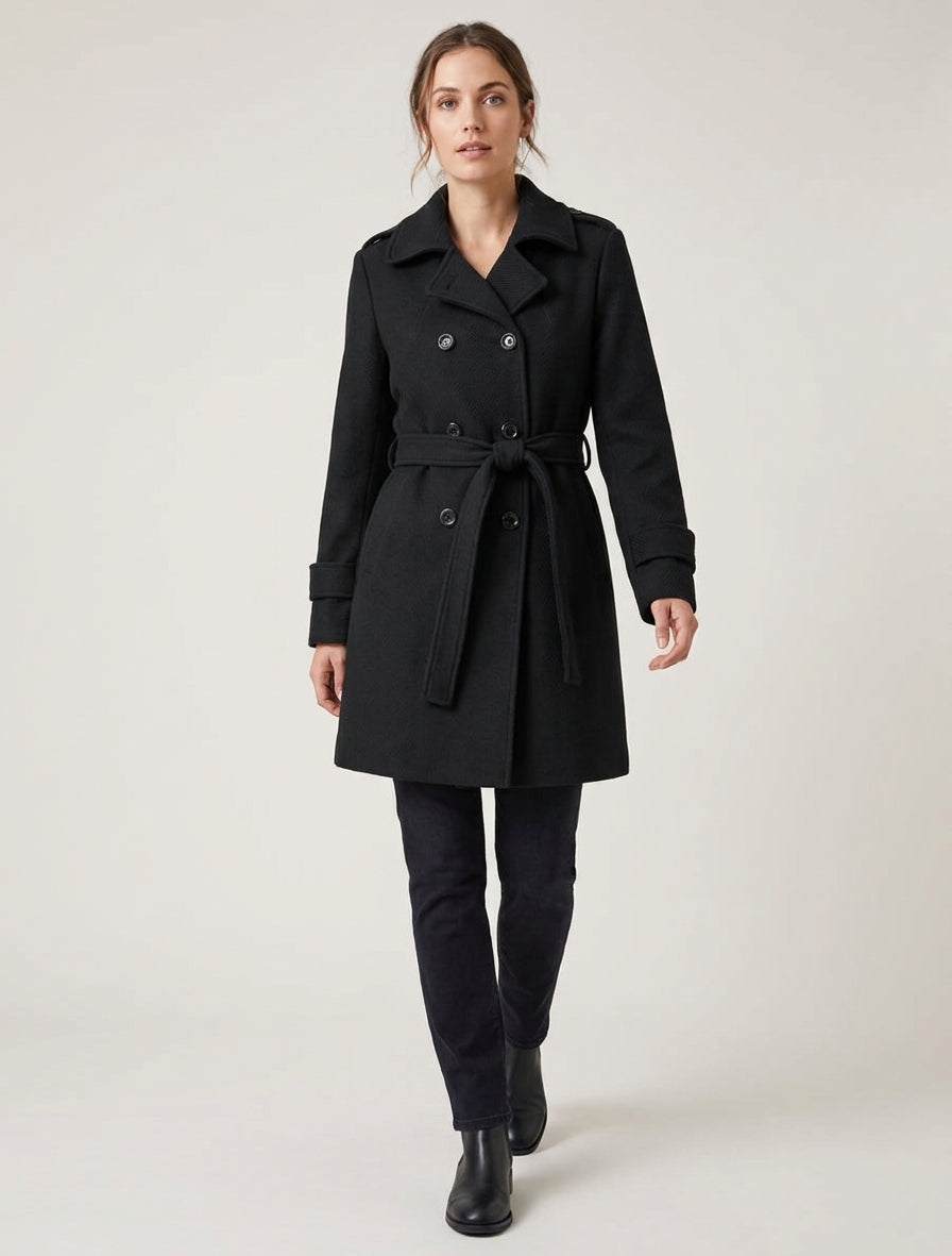 Manteau long croisé à épaulettes - Noir