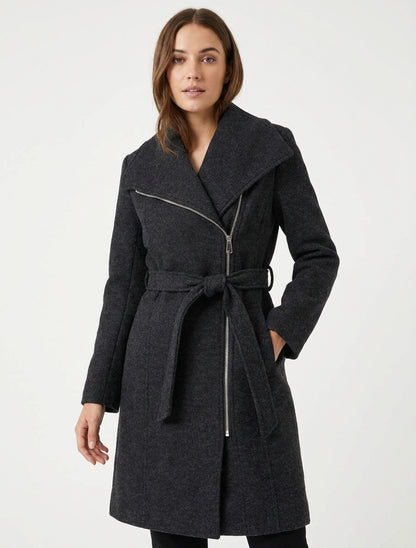 Manteau long ceinturé à épaulettes - Gris anthracite