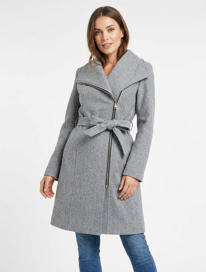 Manteau long ceinturé à épaulettes - Gris clair
