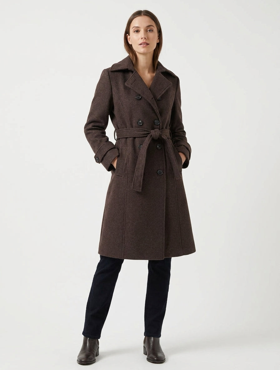 Manteau long croisé à ceinture - Marron
