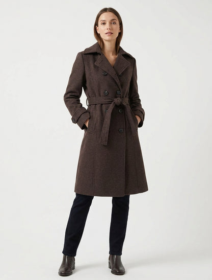 Manteau long croisé à ceinture - Marron