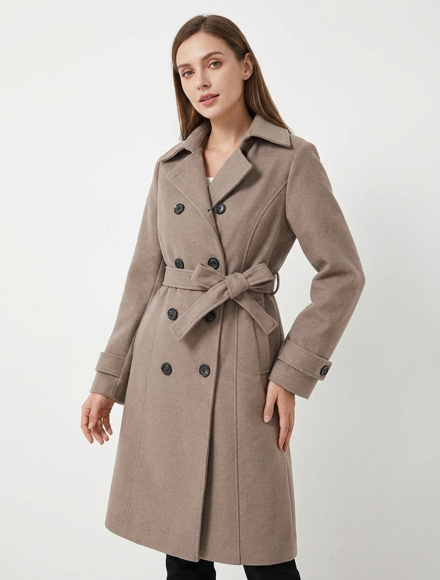Manteau long croisé à ceinture - Taupe