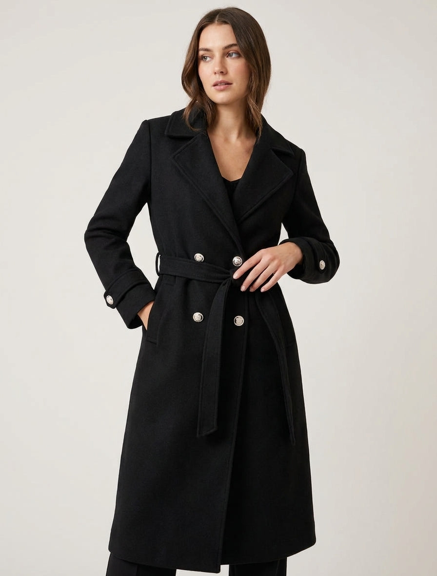 Manteau droit ceinturé à épaulettes - Noir