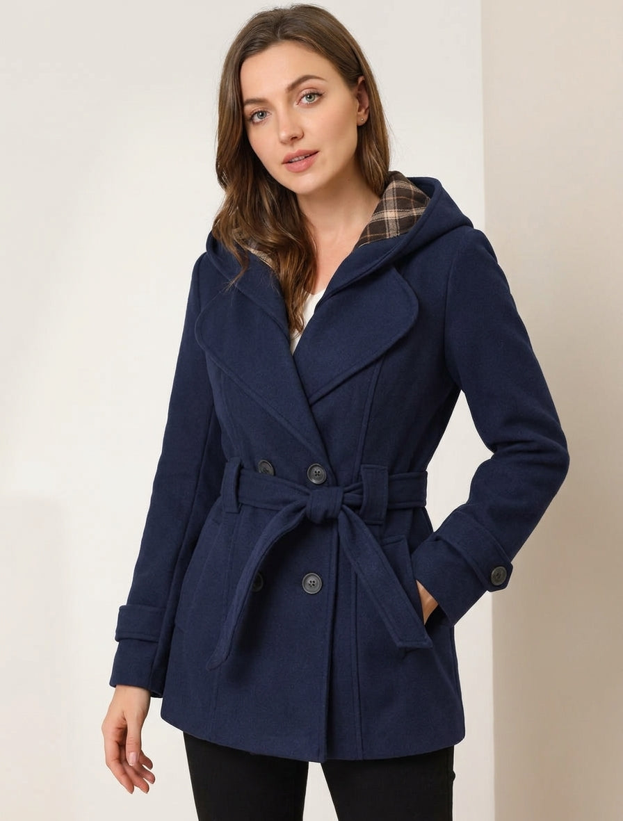 Manteau ceinturé à capuche amovible - Marine