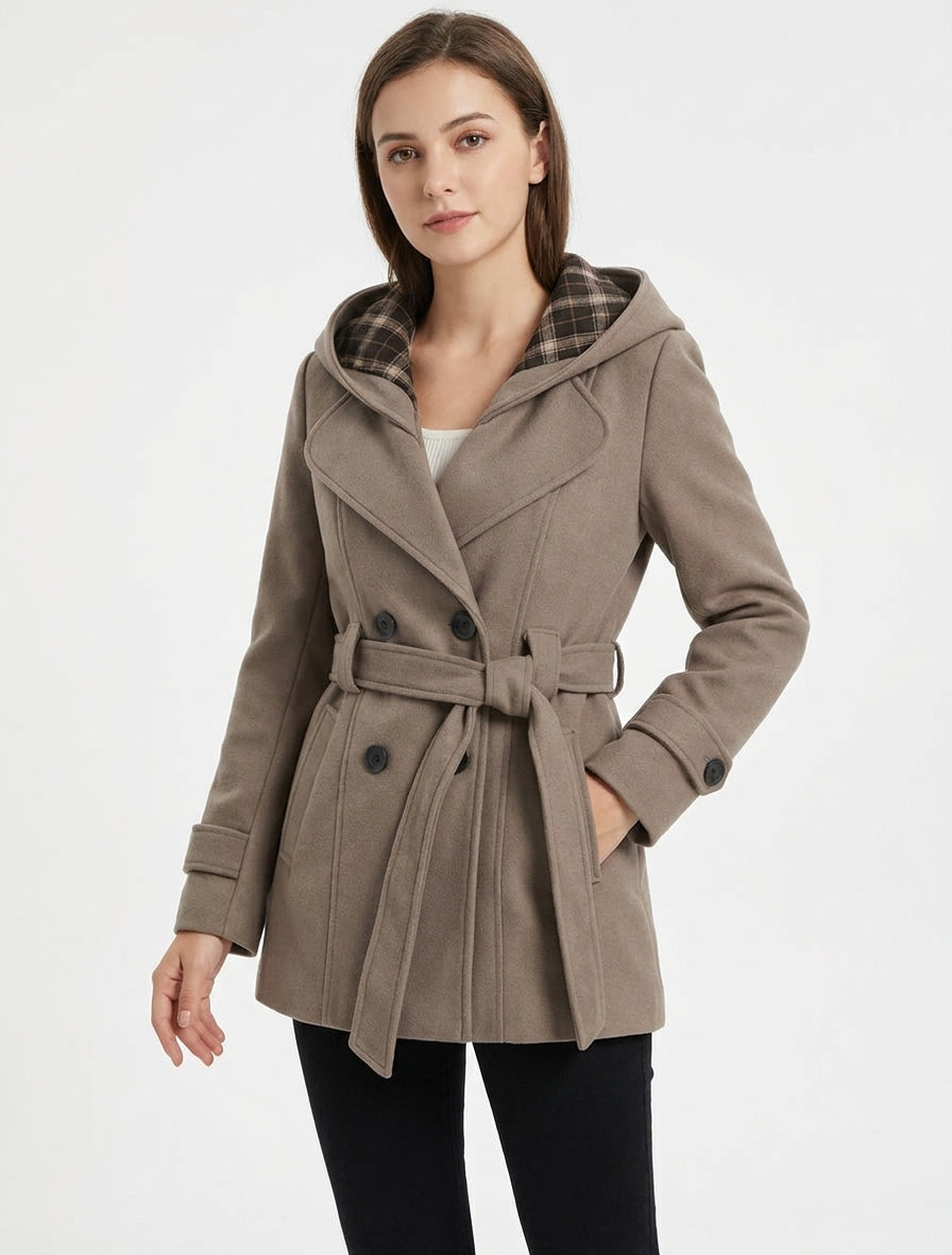 Manteau droit ceinturé à capuche - Taupe
