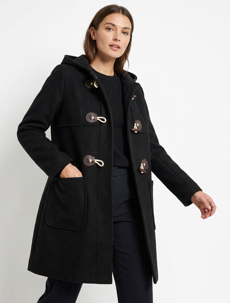 Duffle-coat long à capuche - Noir