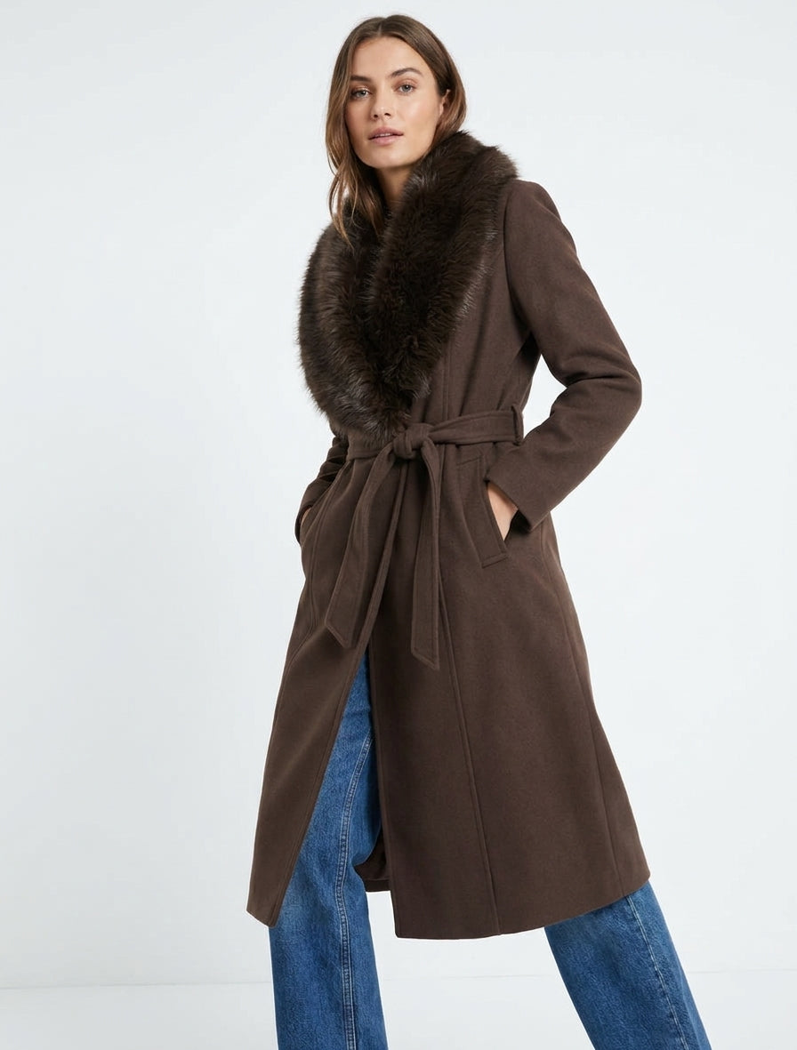 Manteau droit ceinturé col amovible - Marron