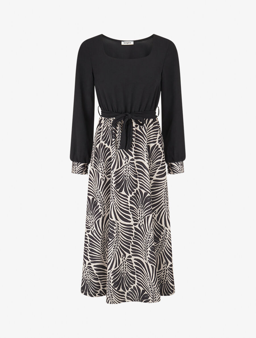 Robe évasée à jupe imprimé végétal - Noir - 1