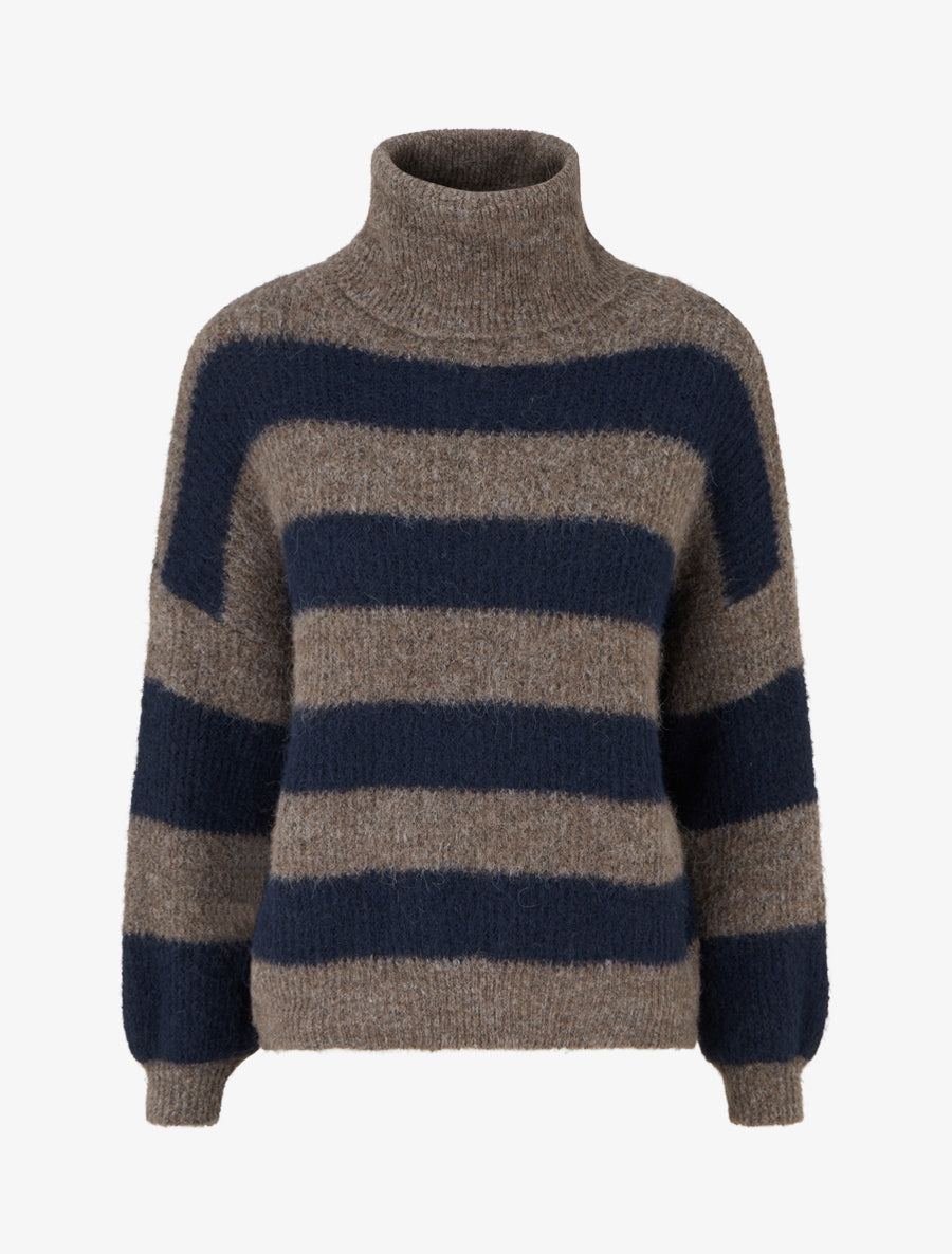 Pull rayé à col roulé - Marine/taupe - 1