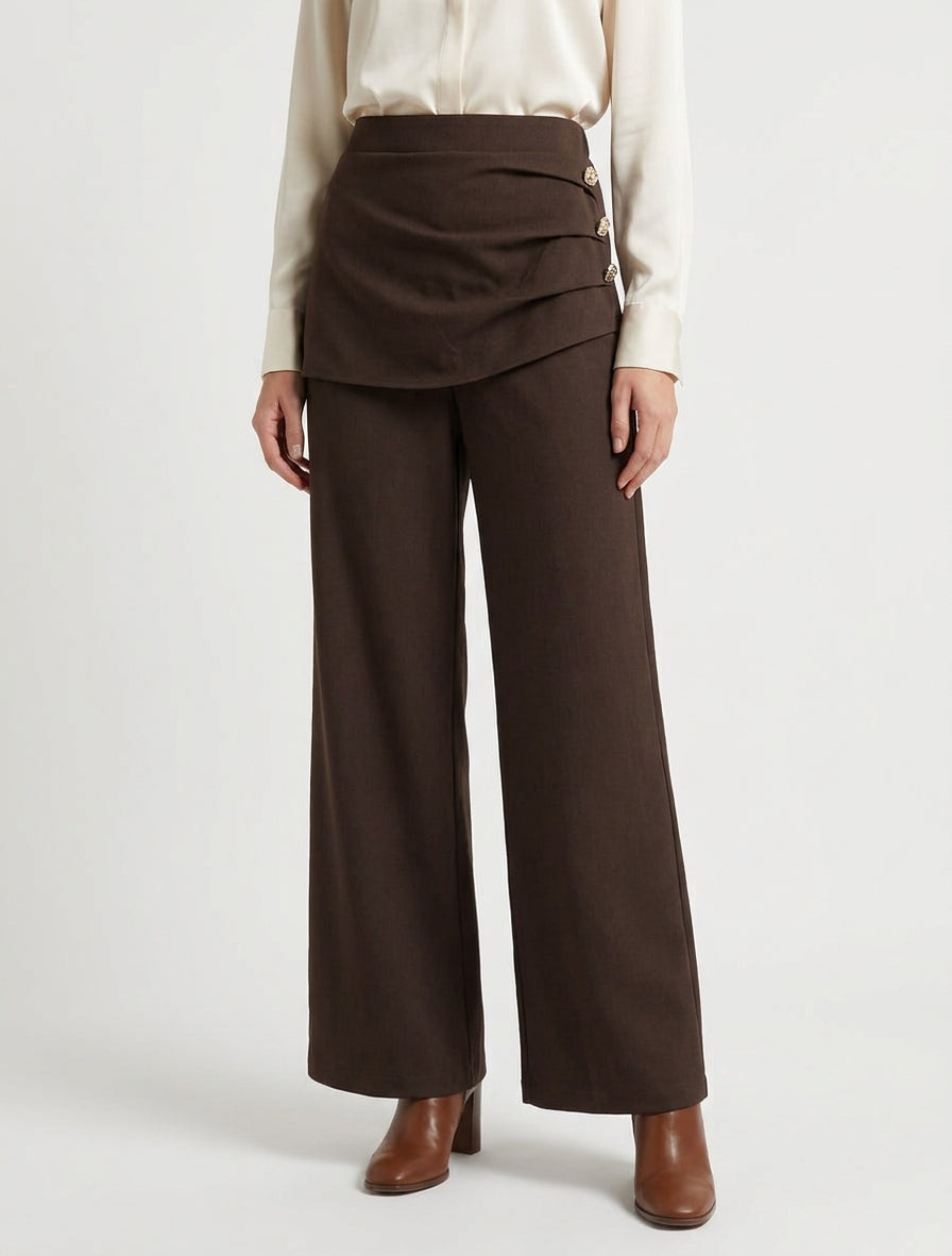 Pantalon ample à drapé et boutons - Marron
