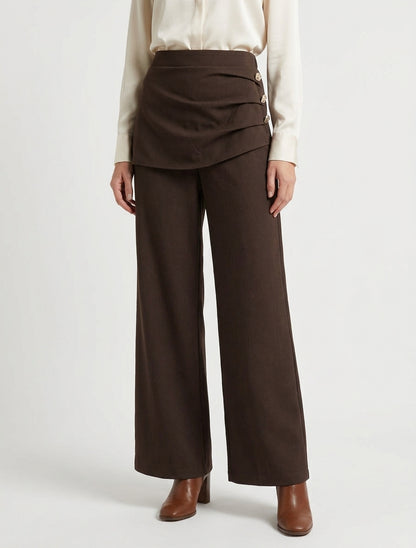 Pantalon ample à drapé et boutons - Marron