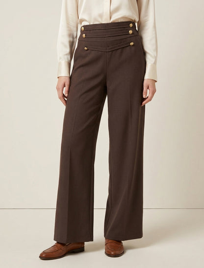 Pantalon droit taille haute à pont - Marron