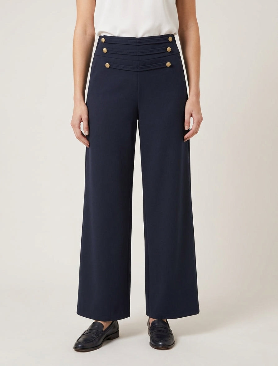 Pantalon droit taille haute à pont - Marine