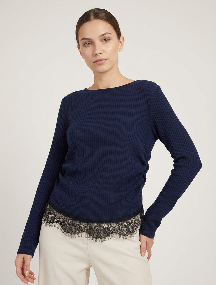 Pull côtelé empiècement dentelle - Marine