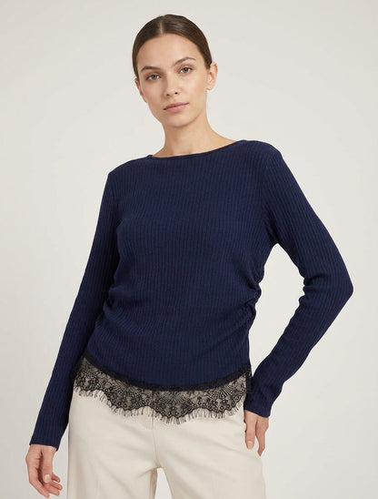 Pull côtelé empiècement dentelle - Marine