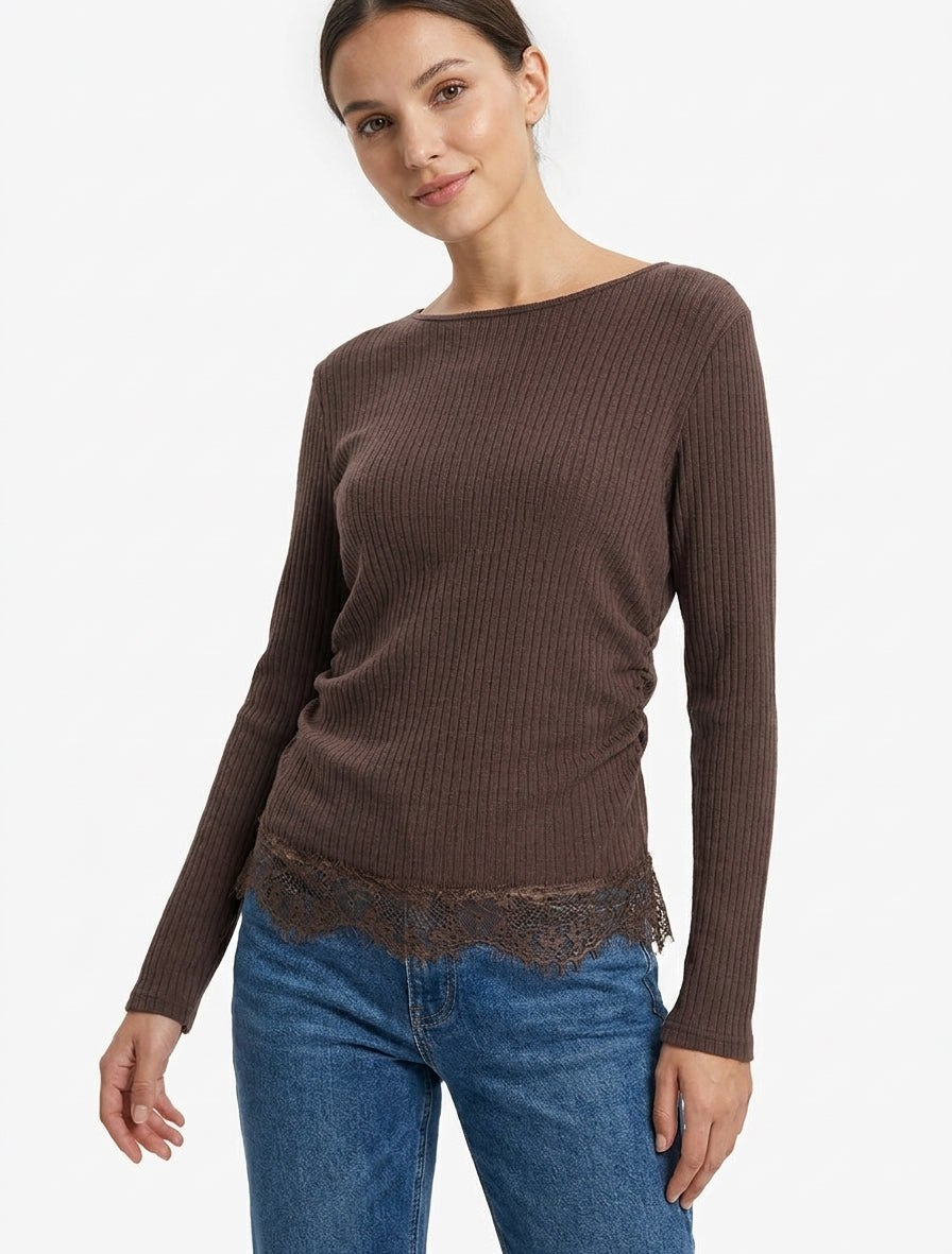 Pull côtelé empiècement dentelle - Marron