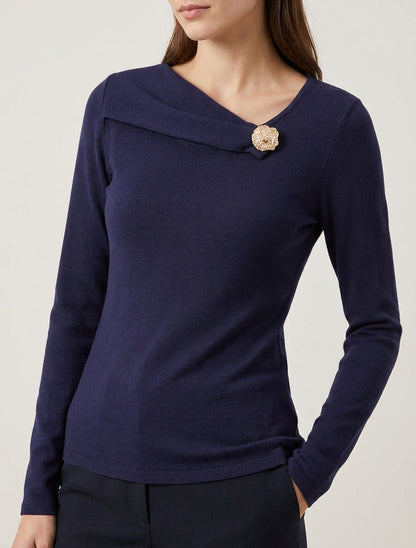 Pull fin encolure ronde à broche - Marine