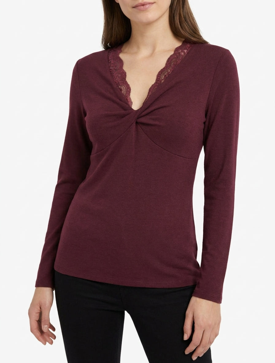 Pull fin encolure V dentelle - Bordeaux