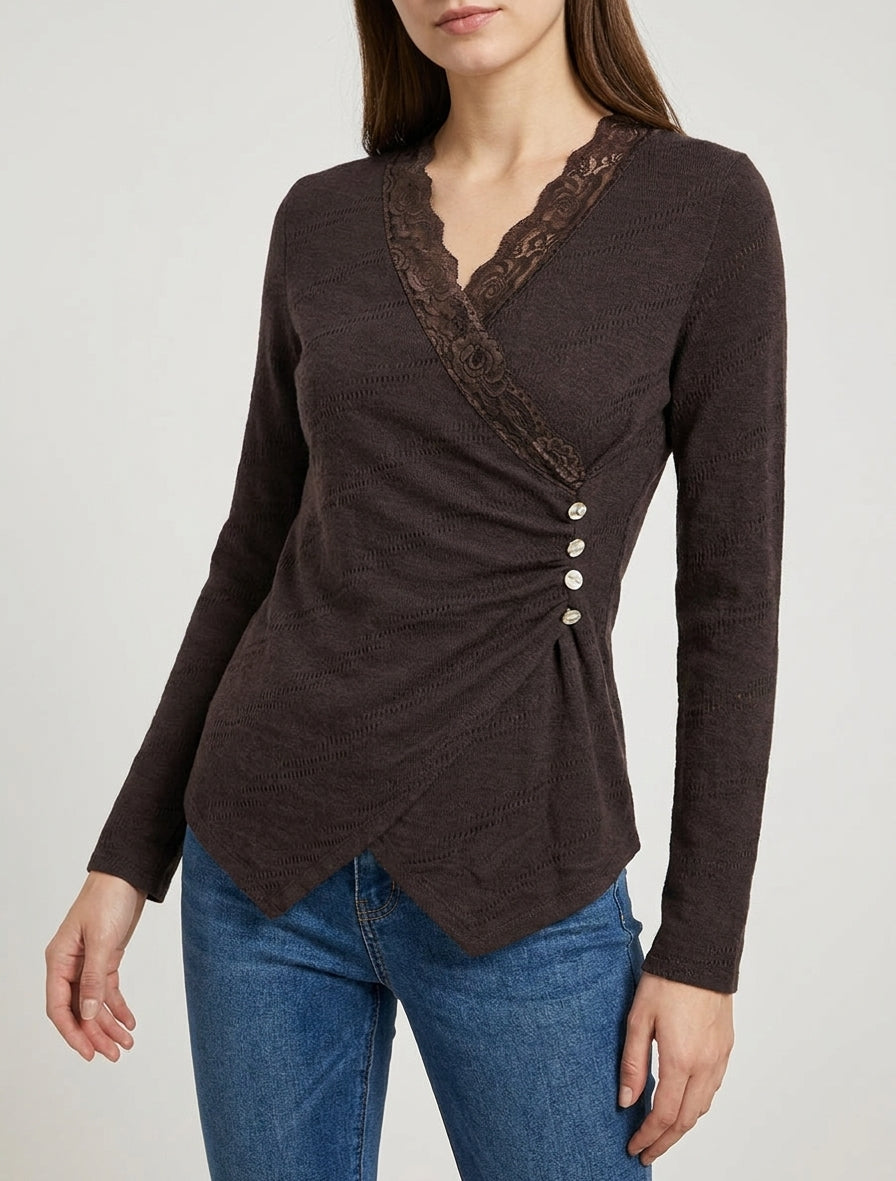Pull fin cache-cœur dentelle - Marron