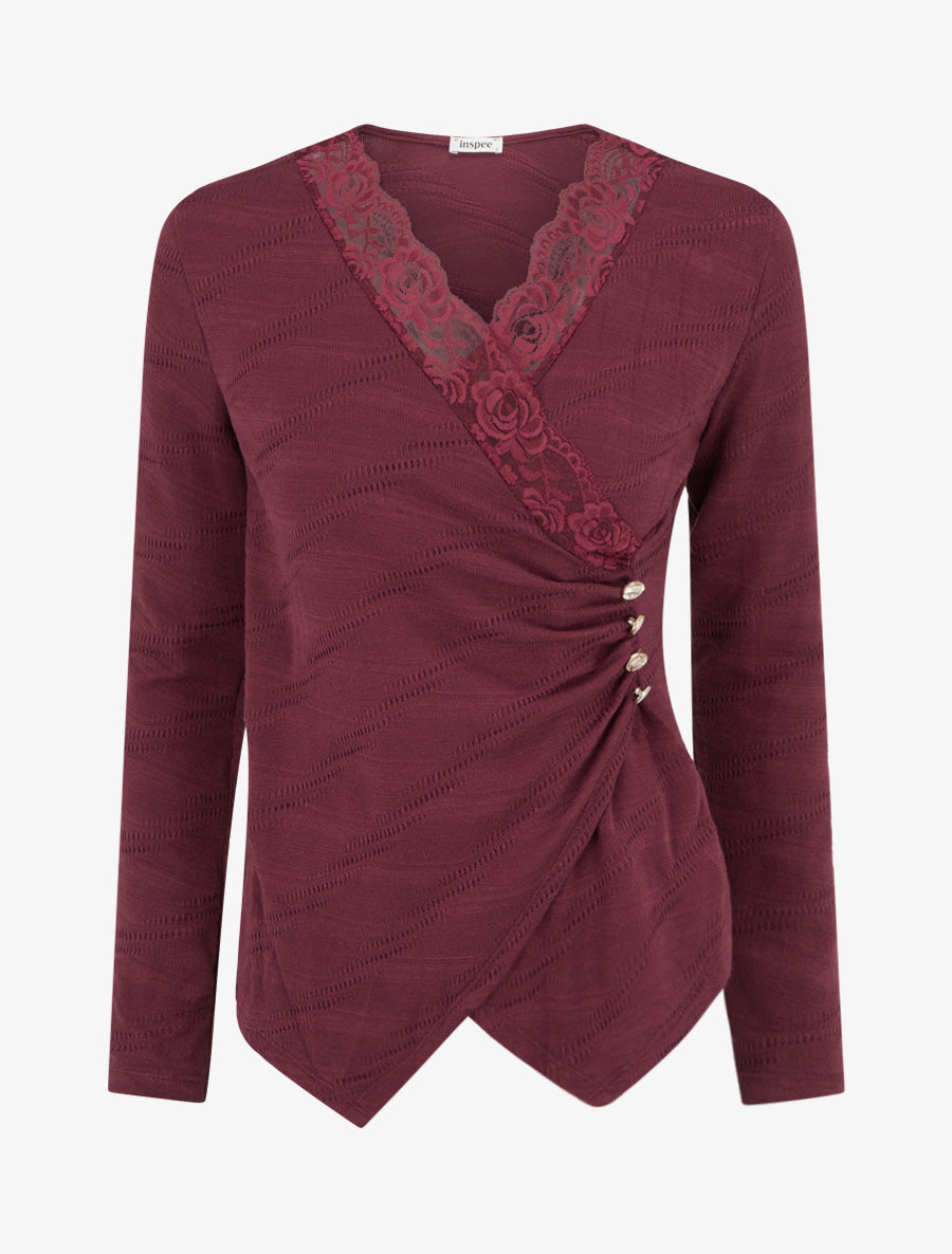 Pull fin à col V en dentelle - Lie de vin - 1
