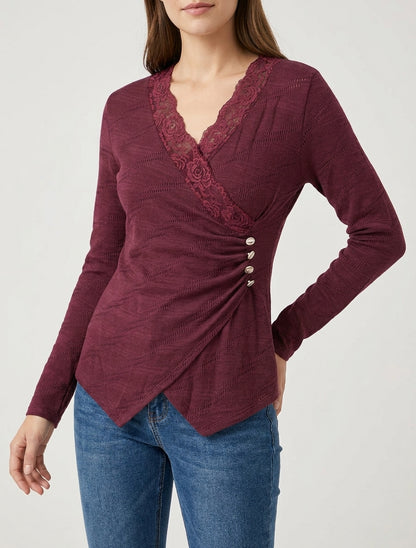 Pull fin cache-cœur dentelle - Lie de vin