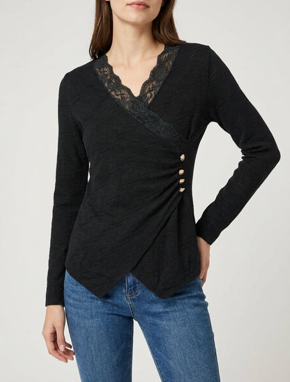 Pull fin cache-cœur en dentelle - Noir
