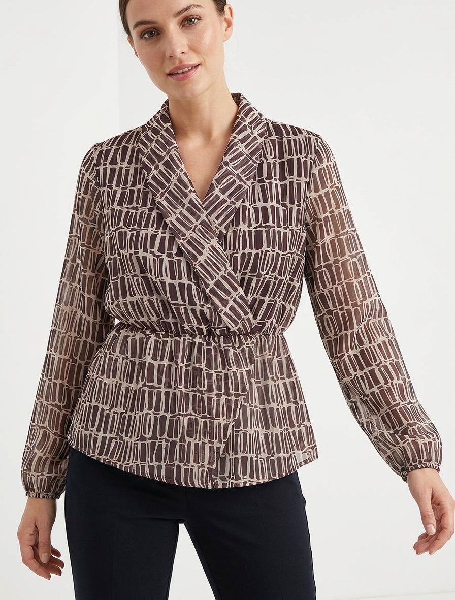 Blouse péplum à manches transparentes - Marron