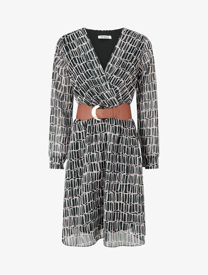 Robe mi-longue élastiquée imprimé graphique - Noir - 1