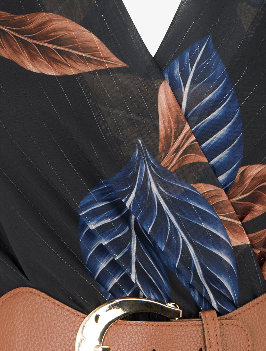 Robe mi-longue élastiquée imprimé feuilles - Noir - 3