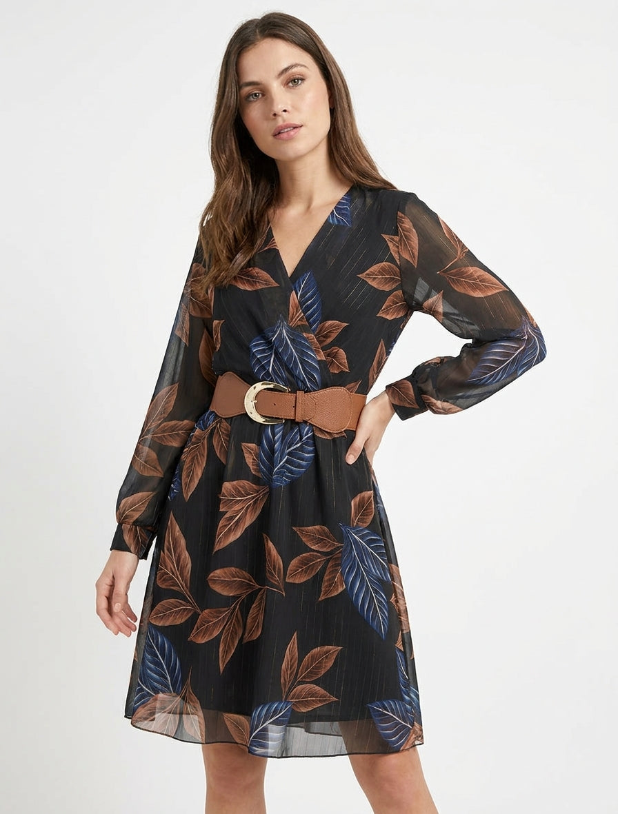 Robe mi-longue col V imprimé feuilles - Noir