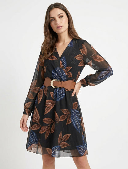 Robe mi-longue col V imprimé feuilles - Noir