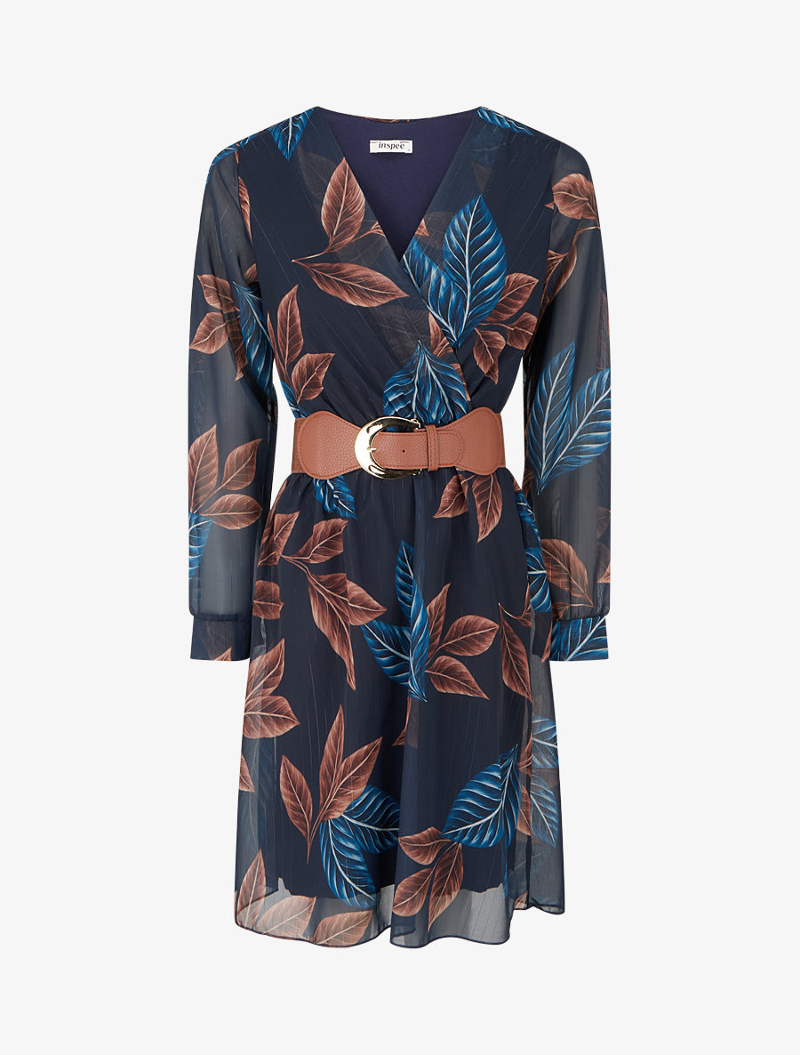 Robe mi-longue élastiquée imprimé feuilles - Marine - 1