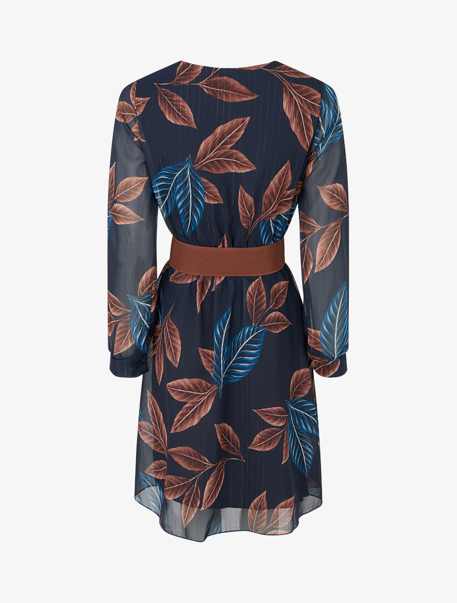 Robe mi-longue élastiquée imprimé feuilles - Marine - 2