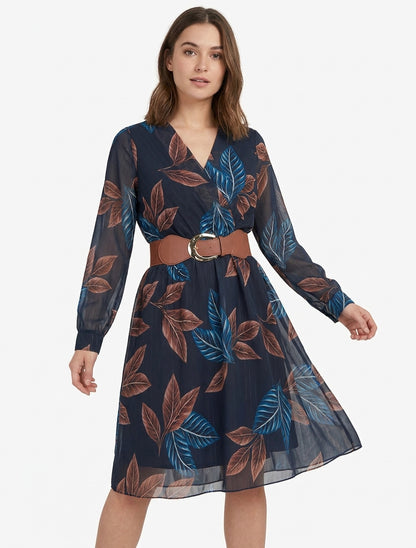 Robe mi-longue col V manches transparentes - Marine