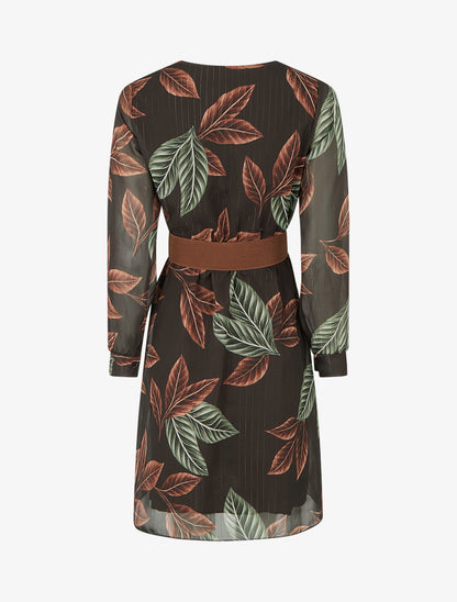 Robe mi-longue élastiquée imprimé feuilles - Marron - 2