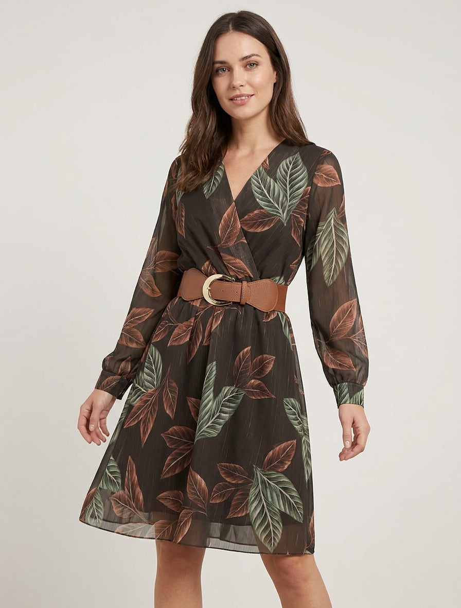 Robe mi-longue col V imprimé feuilles - Marron