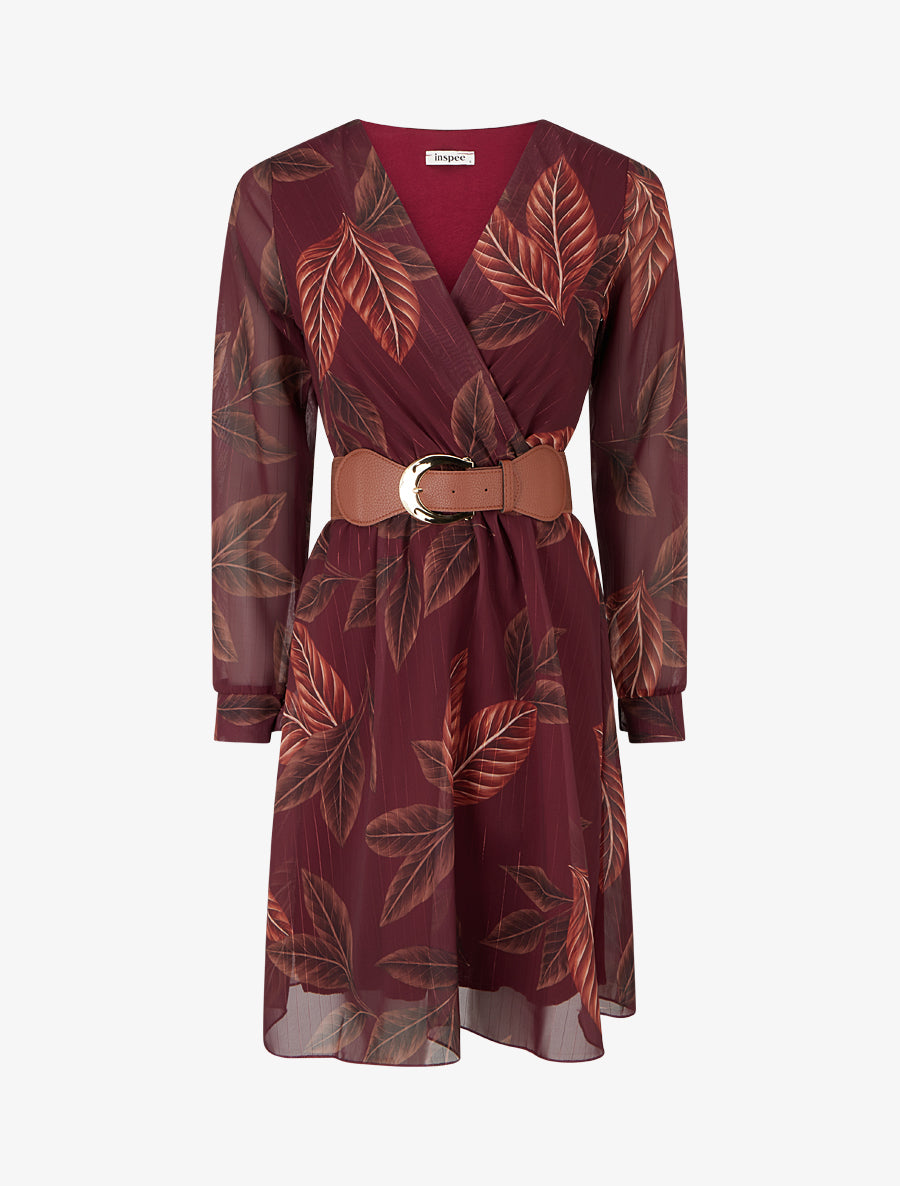 Robe mi-longue élastiquée imprimé feuilles - Lie de vin - 1