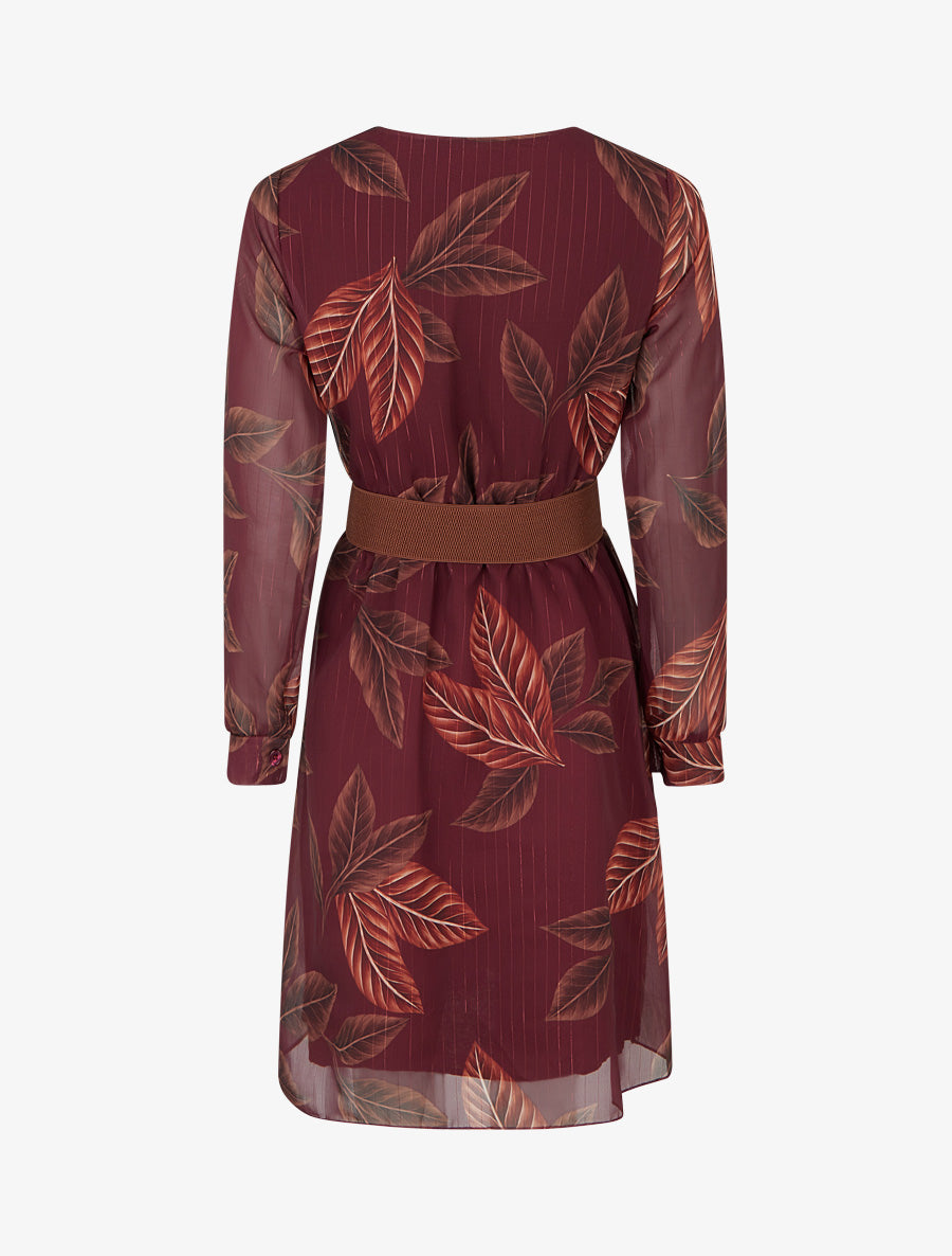 Robe mi-longue élastiquée imprimé feuilles - Lie de vin - 2