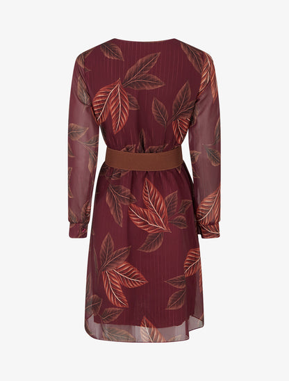Robe mi-longue élastiquée imprimé feuilles - Lie de vin - 2