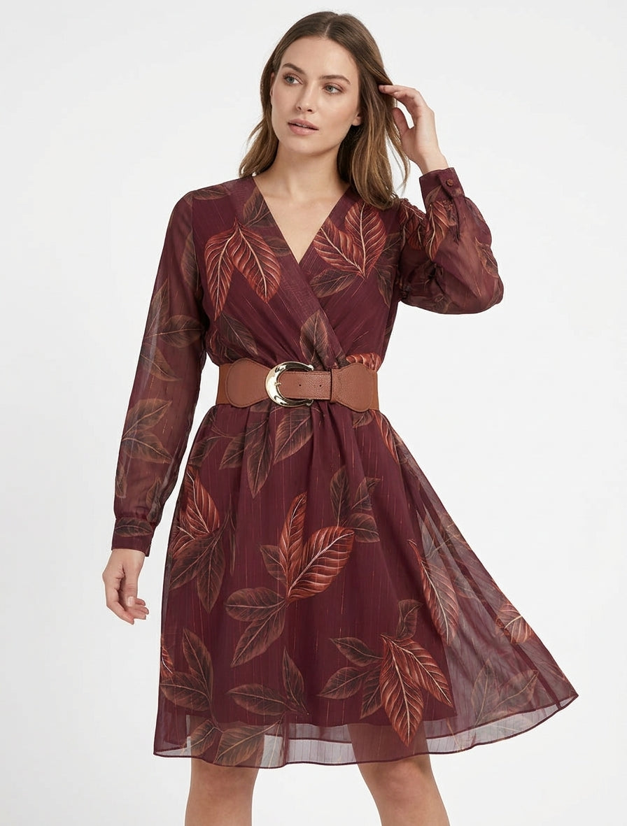 Robe mi-longue col V à ceinture - Lie de vin