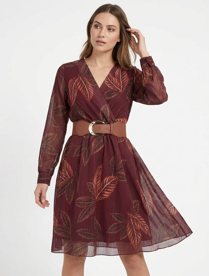 Robe mi-longue col V à ceinture - Lie de vin