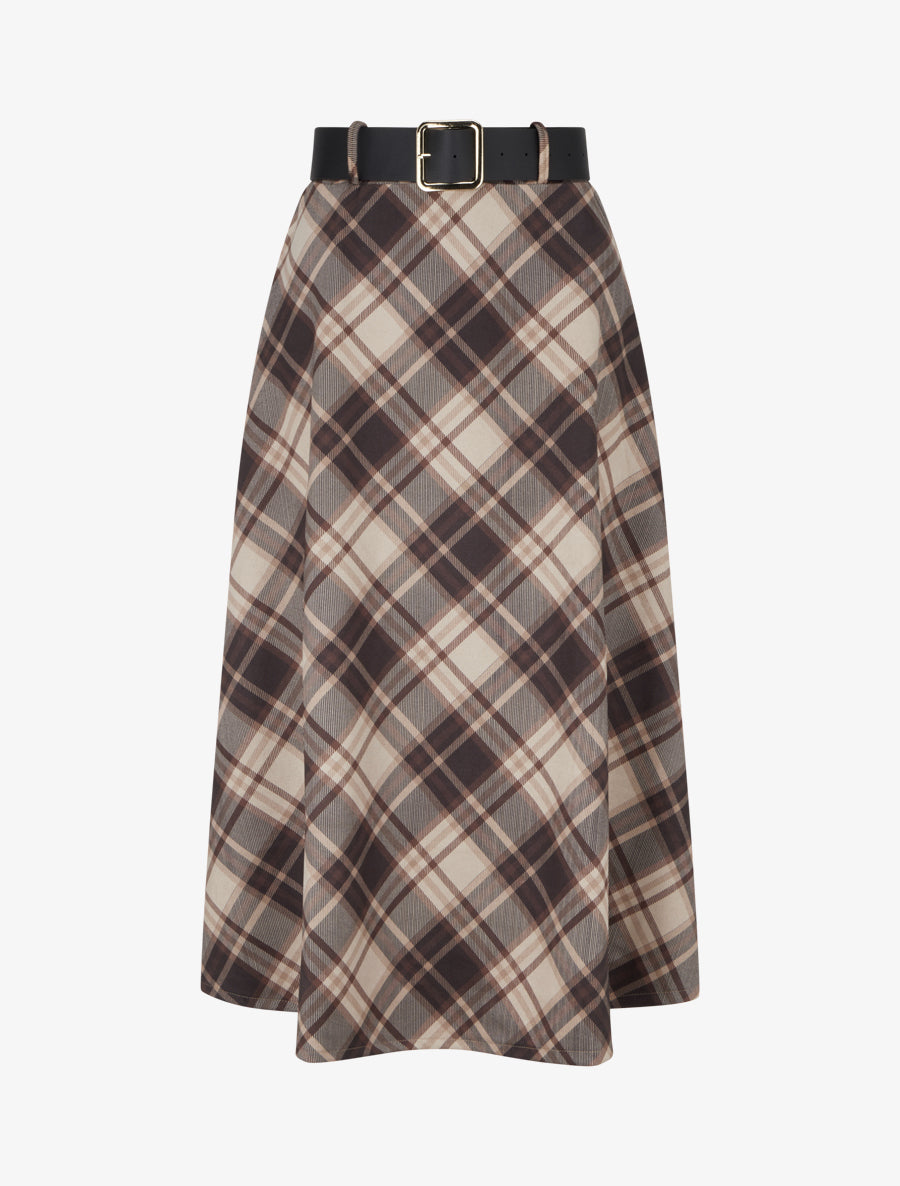 Jupe mi-longue imprimé tartan écossais - Beige - 1