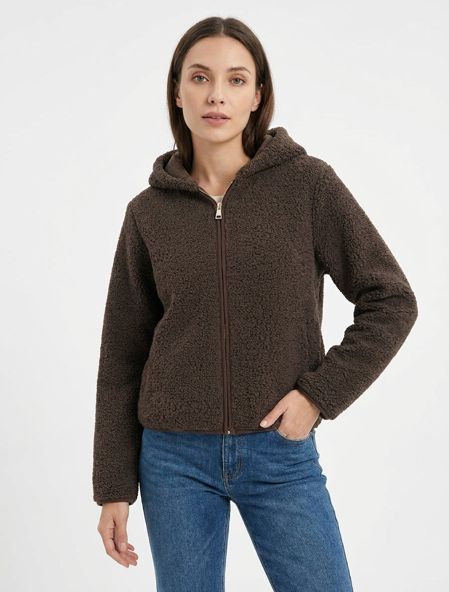Veste zippée col montant effet bouclé - Marron chocolat