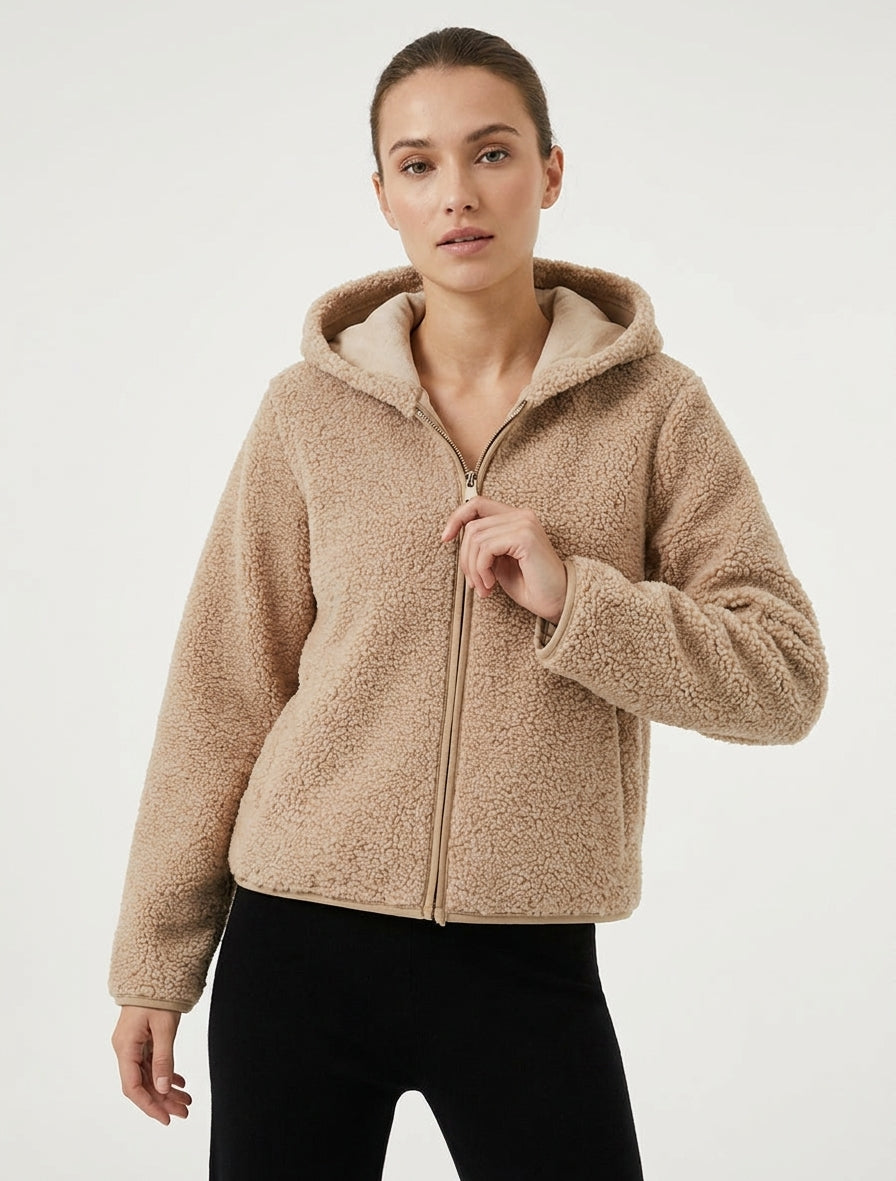Veste zippée col montant effet bouclé - Beige