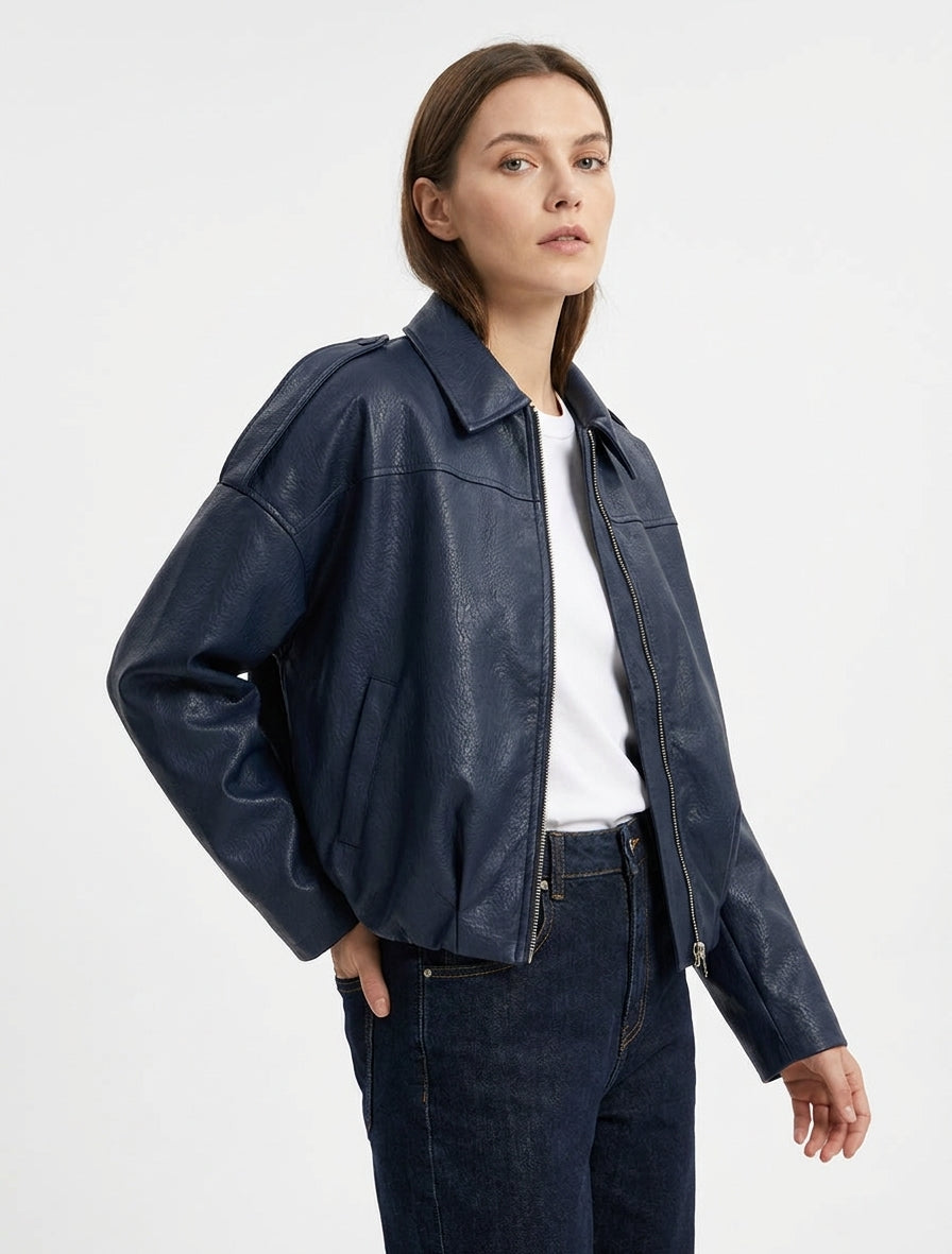 Veste simili bomber à bords froncés - Bleu nuit