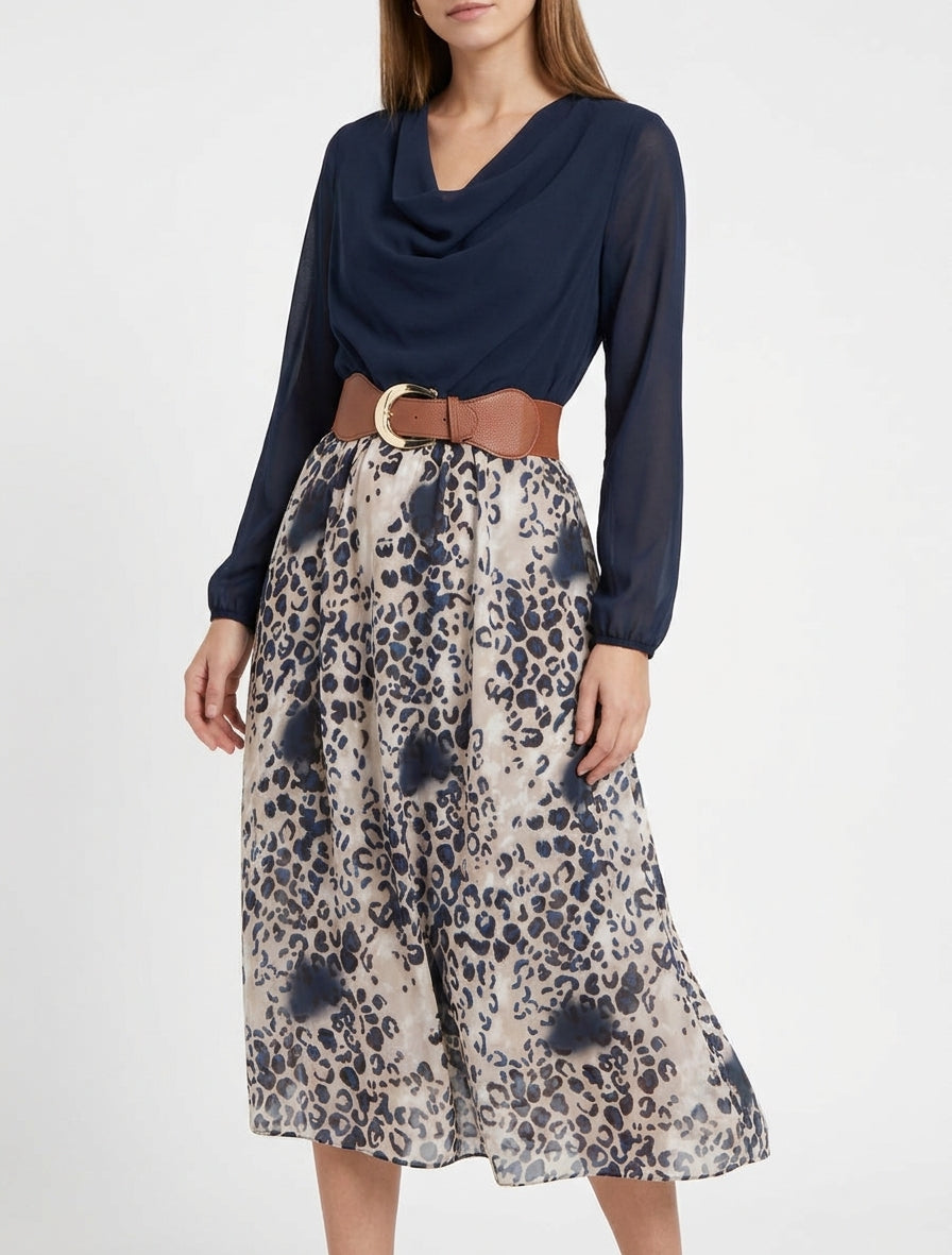 Robe fluide col bénitier imprimé léopard - Marine