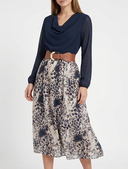 Robe fluide col bénitier imprimé léopard - Marine