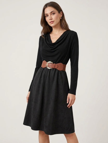 Robe bimatière évasée à ceinture - Noir