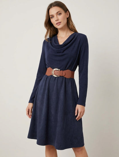 Robe bimatière évasée ceinturée - Marine