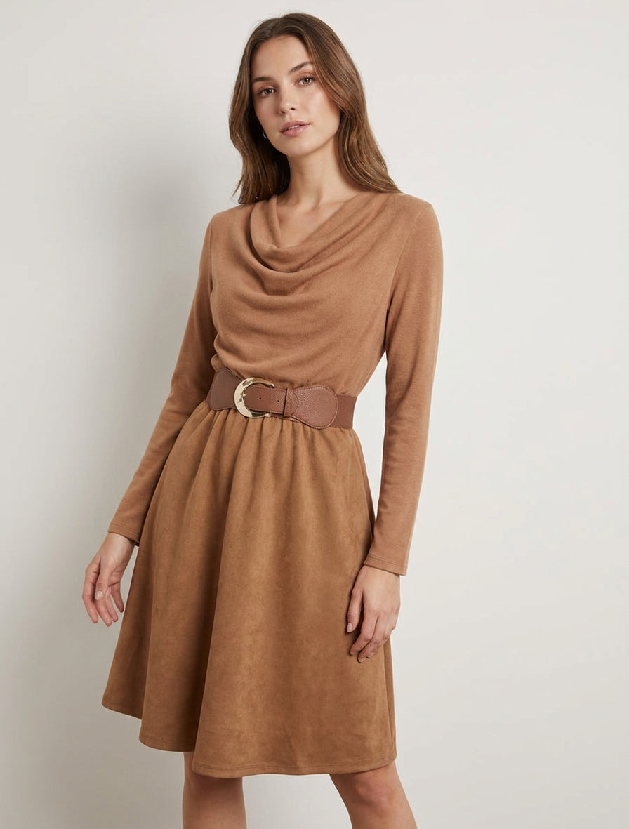 Robe bimatière évasée à ceinture - Camel